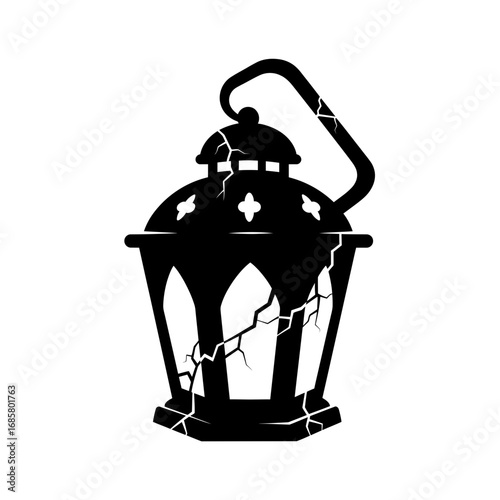 Vector art of black lantern with cracks, creating a vintage and slightly eerie atmosphere