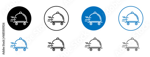 Food delivery icons set in black and blue colors on white background