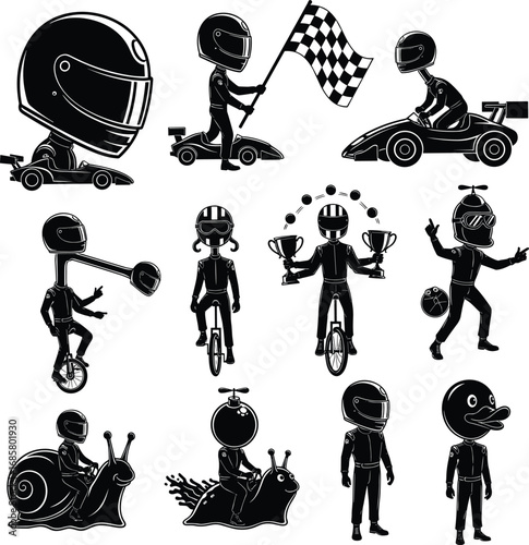 Funny Kart Racer Vector Set – Silhouettes of Drivers, Snails, Unicycles, Flag Waving, and Humorous Motorsport Cartoon Characters