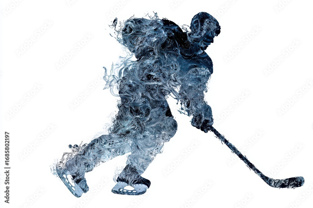 Fototapeta premium Dynamic ice hockey player silhouette engaging in a high-speed play with abstract swirling forms representing speed and motion during an intense game situation
