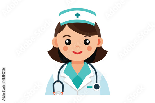 Cartoon nurse character wearing scrubs and a cap with a stethoscope in a cheerful expression