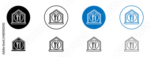 Canteen icons set in black and blue colors on white background