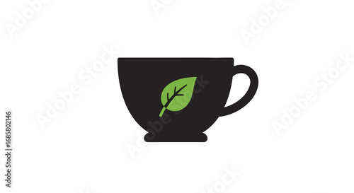 Minimalist black teacup with green leaf design on white background