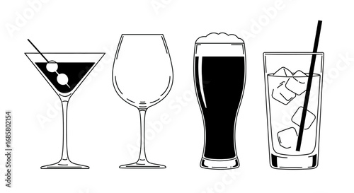 Minimalist outline of different glasses with drinks