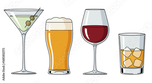 Stylized illustrations of classic cocktails with wine and beer glasses