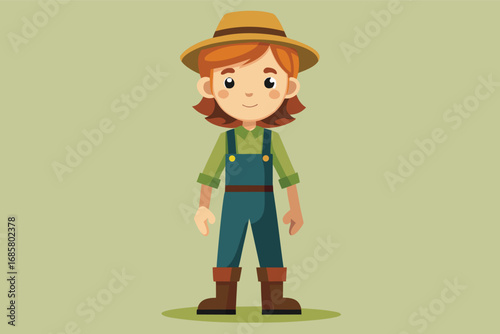 Cartoon character wearing farmer outfit standing on plain background with cheerful expression