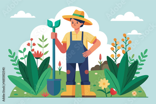 Young gardener working joyfully in a colorful flower garden during a sunny day