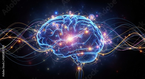 A glowing blue human brain with intricate neural pathways and energy waves emanating from it, symbolizing thought and consciousness.