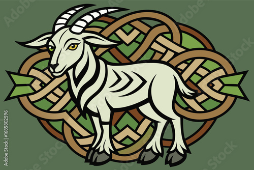 Symbolic representation of a goat in intricate celtic design showcasing natural elements