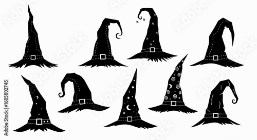 Vector art of collection of witch hats, perfect for halloween or magical themed designs