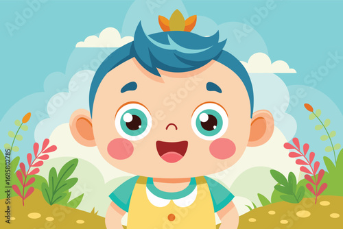 Happy child with blue hair in a colorful garden under a bright sky