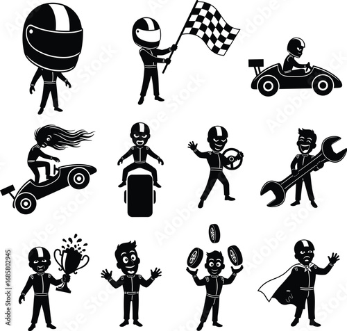 Go-Kart Racer and Pit Crew Vector Set – Racing Drivers, Mechanics, Checkered Flag, Trophy, and Race Icons in Comic Style
