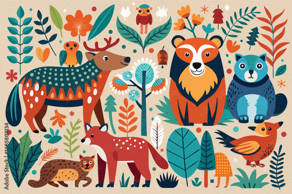 Obraz premium Colorful animal illustrations surrounded by plants in a whimsical nature setting