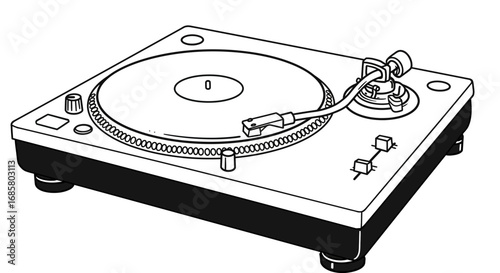 Monochrome turntable illustration of classic vinyl record player in line art style