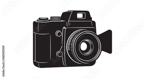 Vintage camera in black and white silhouette style with detailed lens and buttons