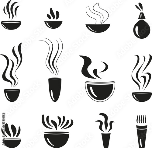 Set of black silhouette icons representing steaming bowls, cups, and vases on a white background smoke