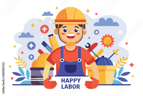 Happy labor illustration featuring a cheerful worker surrounded by tools