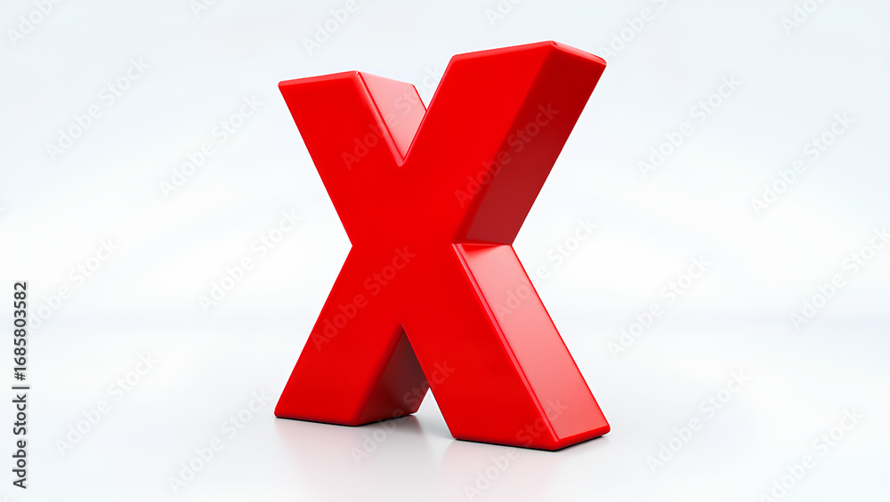 Obraz premium Red 3D X on white background – three-dimensional glossy symbol of error, reject, wrong mark, cancel or close icon, digital design element, negative warning sign for interface, alert, prohibition, UI