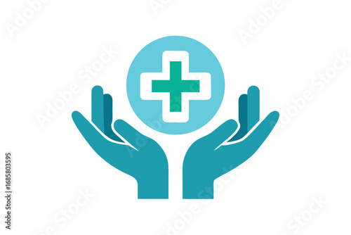 Healthcare symbol with hands supporting a medical cross on a light blue background