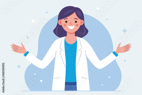 Healthcare professional smiling and explaining in a friendly manner in a modern setting