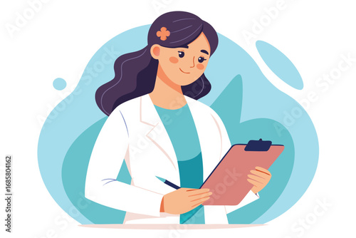 Healthcare professional checks patient information and prepares for consultation in bright setting