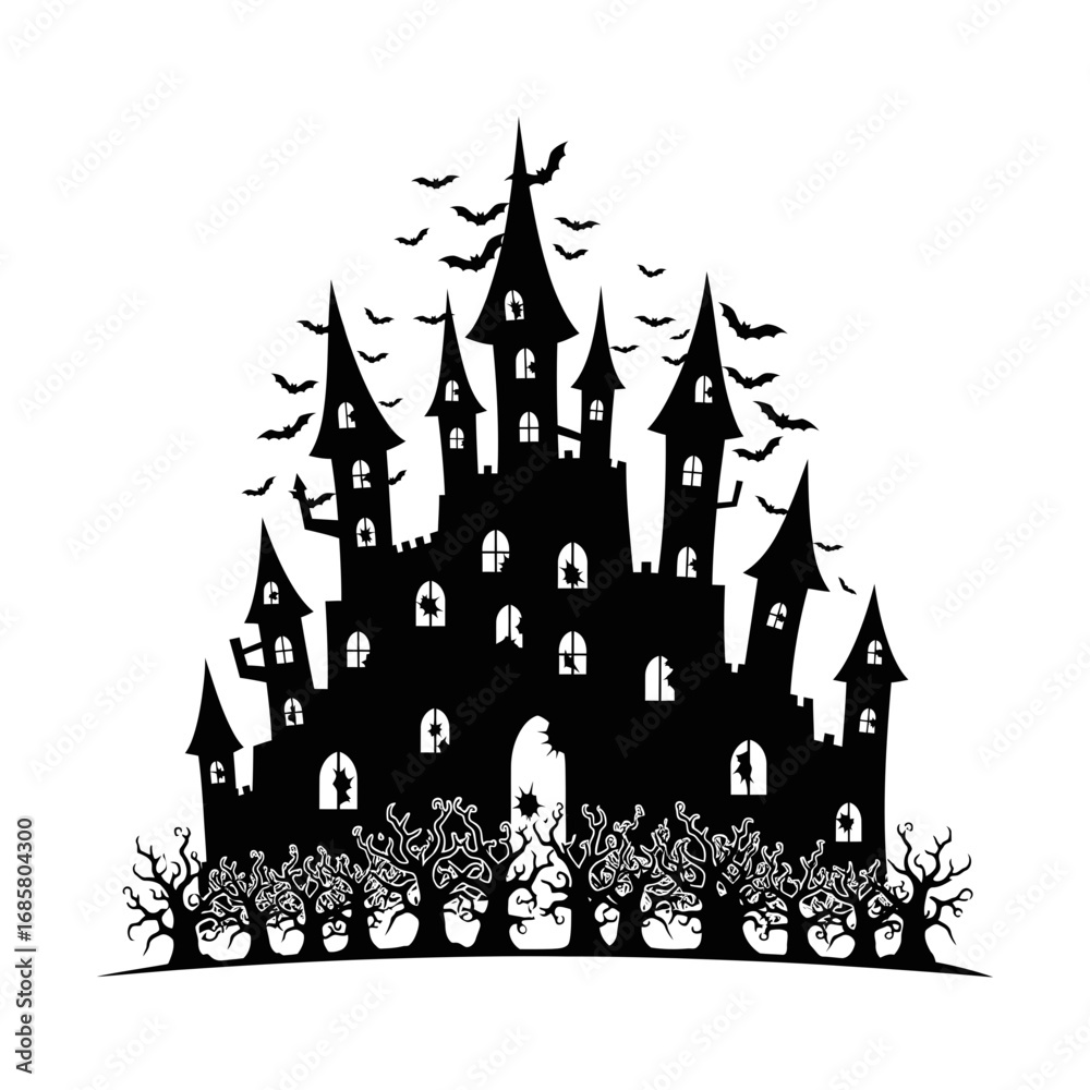 Obraz premium Vector art of silhouette of a spooky haunted castle with bats flying around