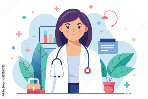 Healthcare professional in a modern office setting with plants and charts