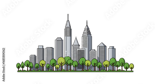 Cityscape with tall buildings and green trees in flat style