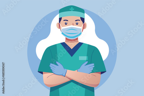 Healthcare professional showcases dedication in scrubs with a mask in a calm setting