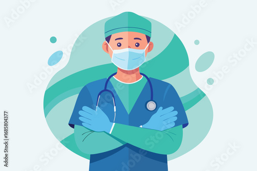 Surgeon in scrubs with stethoscope and mask standing confidently in a clean environment