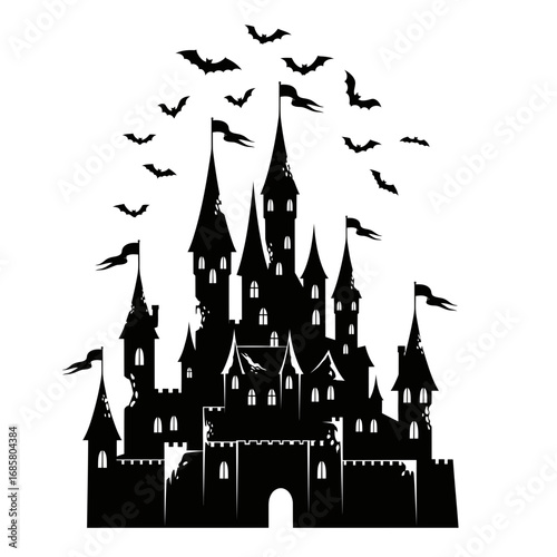 Vector art of silhouette of a spooky castle with bats flying around it, halloween concept art