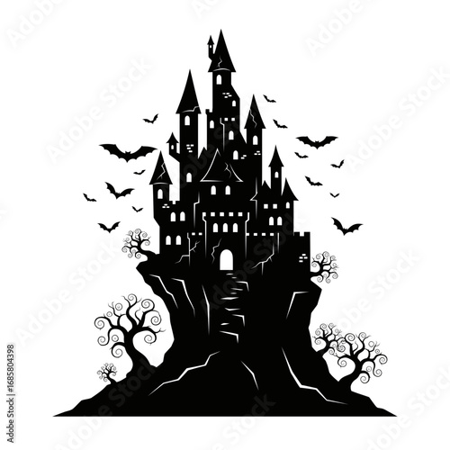 Vector art of spooky haunted castle silhouette with bats flying around