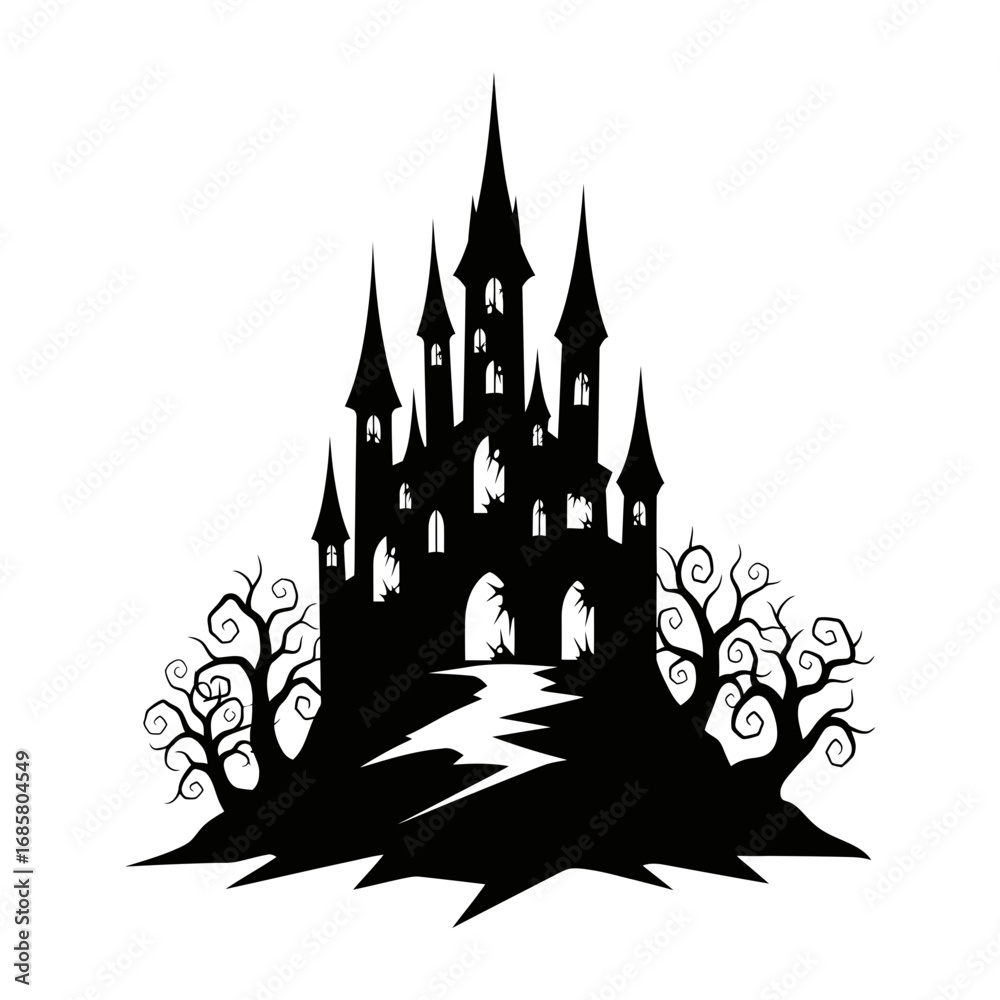 Fototapeta premium Vector art of silhouette of a spooky haunted castle with path for halloween celebration