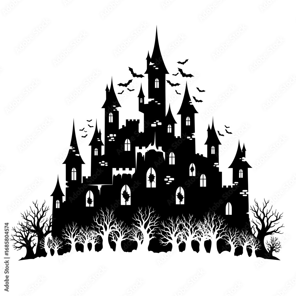 Obraz premium Vector art of spooky haunted castle silhouette with bats flying around for halloween theme