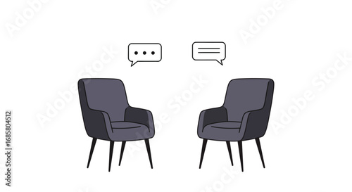 Minimalist conversation scene with modern armchairs and chat bubbles