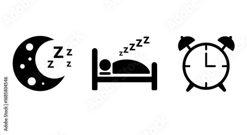 Nighttime symbols: moon, sleeping, and alarm clock icons for sleep and wakefulness