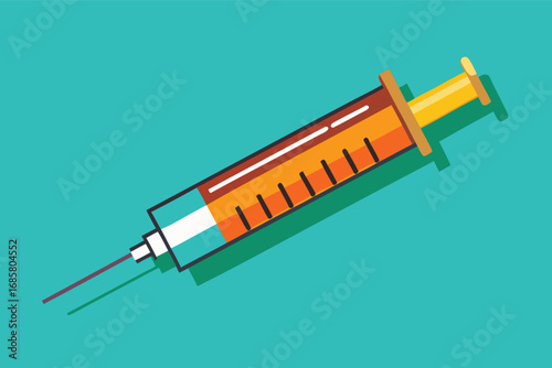 Syringe filled with vaccine solution on light turquoise background