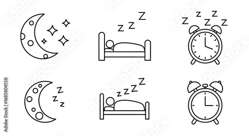 Sleep icons set featuring moon, bed, and alarm clock in minimalist linear style