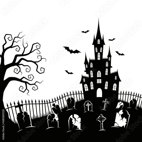 Vector art of eerie haunted house with graveyard and bats, ideal for halloween themes