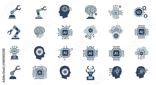 Artificial intelligence icons set: robotics, brain, circuit, and ai technology symbols