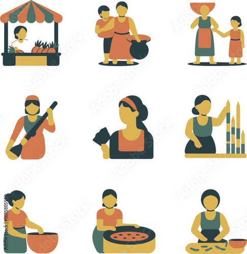 Farmers Market Women Selling Produce Icon Set Vector Illustration