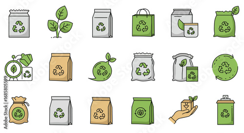 Eco-friendly packaging icons featuring recycle symbols and sustainable elements