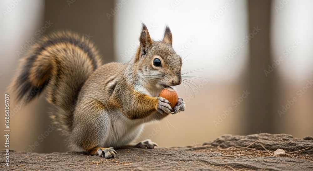 Fototapeta premium A small, furry red squirrel sits on a log, holding a round nut in its paws with a blurred forest background.