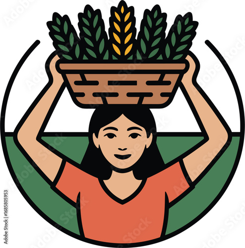 Woman Carrying Basket of Harvest Vector Illustration for Agriculture