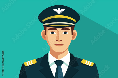 Young pilot in uniform with a hat, smiling confidently against a teal background