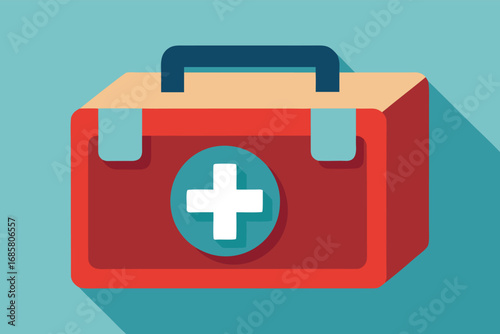 First aid kit with red and blue design on a light blue background and simple, clean lines