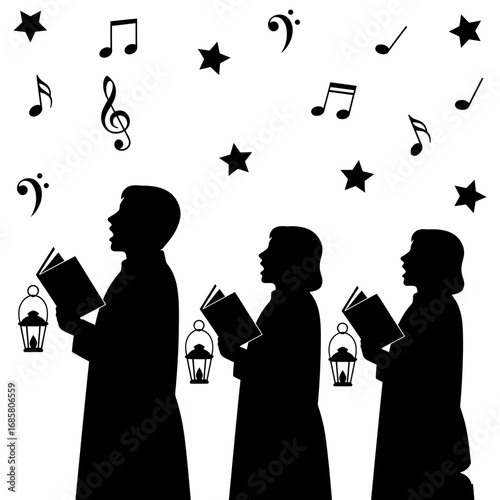 Vector art of silhouette of christmas choir singers with lanterns and music notes for holiday season