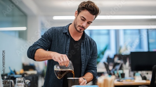 Barista preparing fresh coffee in a modern office setting during work hours