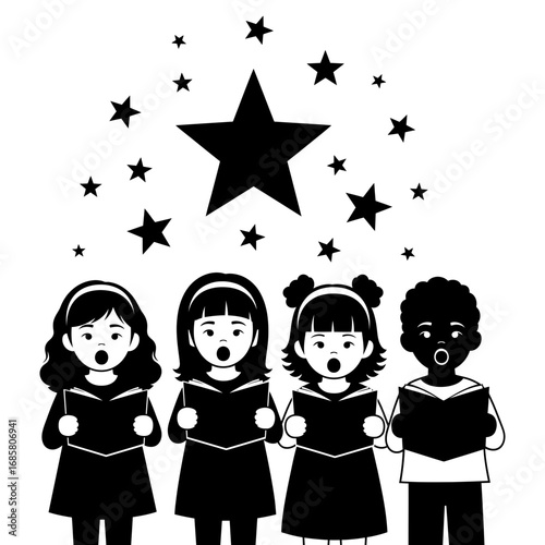 Vector art of childrens choir singing christmas carols under a starry sky