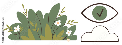 Green shrub with leaves and flowers, an eye containing a checkmark, and a cloud outline. Ideal for eco-awareness, sustainability, nature care, mindfulness, approval, environmental focus simple flat